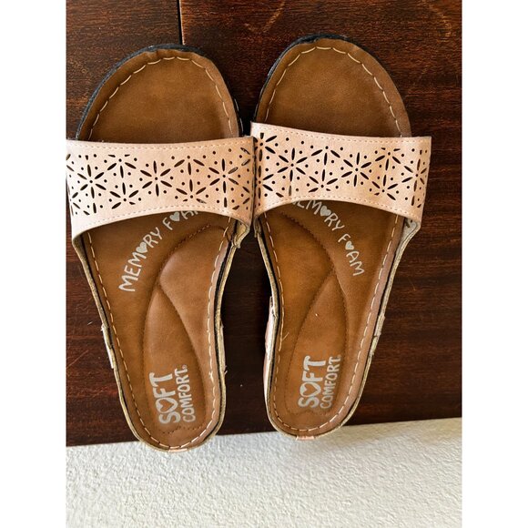 Soft Comfort Slide Sandals Womens 7.5 Pink Leather Memory Foam - Picture 4 of 13